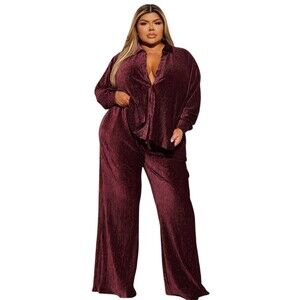 Fashion Nova Jenelle Crushed Velvet Plisse Wide Leg Pant Set Womens 1x Oversized